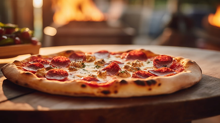 Freshly Baked Pepperoni Pizza on Wooden Board