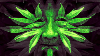 Surreal Green Face Portrait With Cannabis Leaf Hair