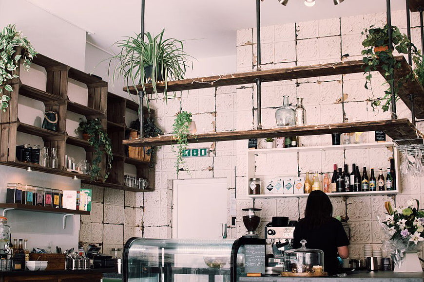 Rustic Cafe Interior with Hanging Plants and Barista