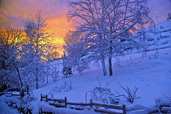Snowy Winter Landscape with Vibrant Orange and Blue Sunset