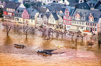 Severe River Flooding Submerging Historic European Village Houses