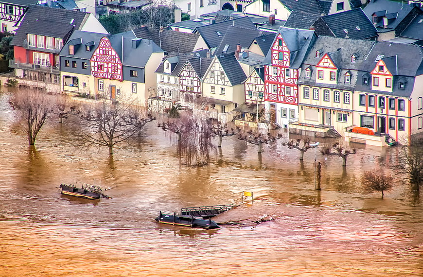 Severe River Flooding Submerging Historic European Village Houses
