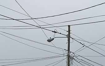 Tangled utility wires and street lamp against gray sky