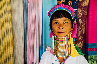 Portrait of Karen Longneck Woman in Traditional Attire