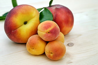Fresh ripe peaches and apricots on white wooden background