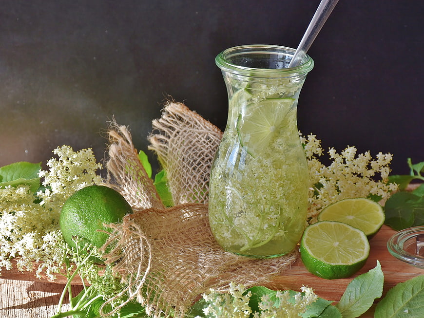 Glass carafe of elderflower and lime drink with fresh ingredients