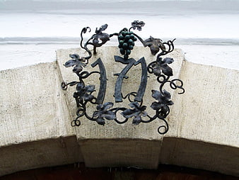 Wrought iron house number 17 with grapevine design on stone