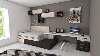 Modern Teen Bedroom Interior with Bed and Desk