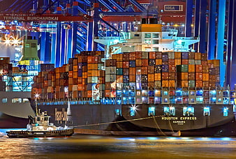 Hapag-Lloyd Container Ship Houston Express at Hamburg Port Night