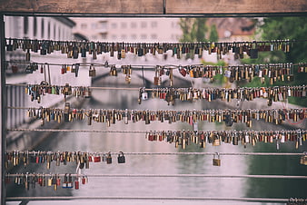 Love locks on bridge cables over river