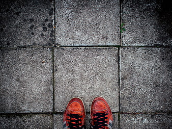 Top View of Red Sneakers on Concrete Pavement