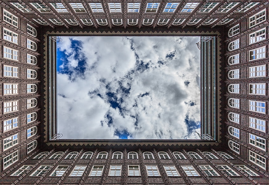 Symmetrical view of Chilehaus architecture looking up at sky