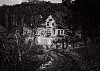 Abandoned Villa In Dark Forest With Rainy Path