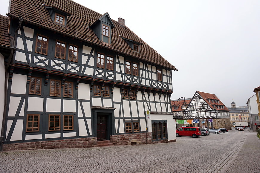 Traditional Half-Timbered House on Cobblestone Street in Eisenach, Germany