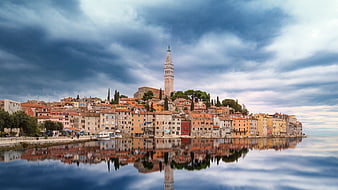 Rovinj, Croatia Historic Old Town Skyline with Water Reflection