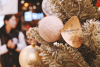 Close-up of Christmas tree ornaments and price tag