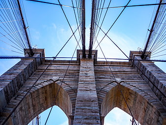 Low Angle View of Brooklyn Bridge Towers and Cables