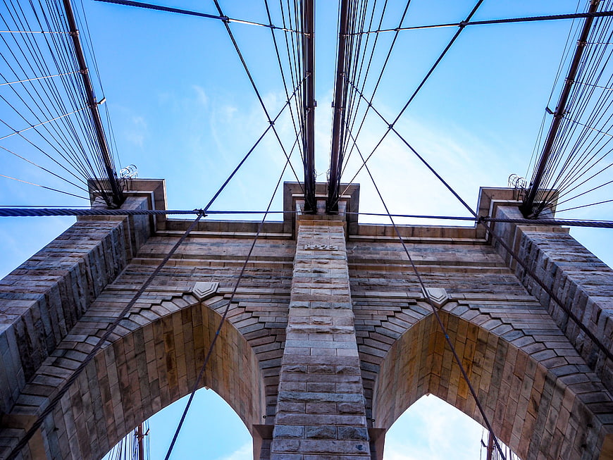 Low Angle View of Brooklyn Bridge Towers and Cables