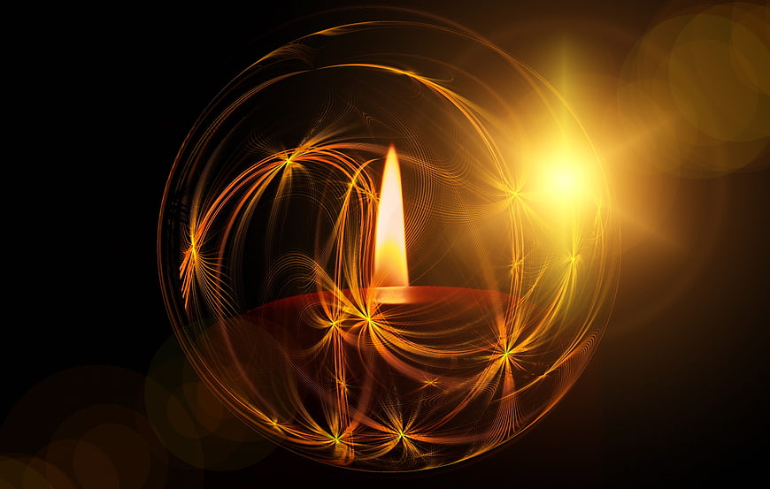 Abstract glowing candle in golden fractal sphere