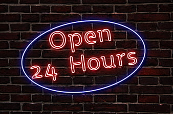 Red and Blue Neon Open 24 Hours Sign on Brick Wall