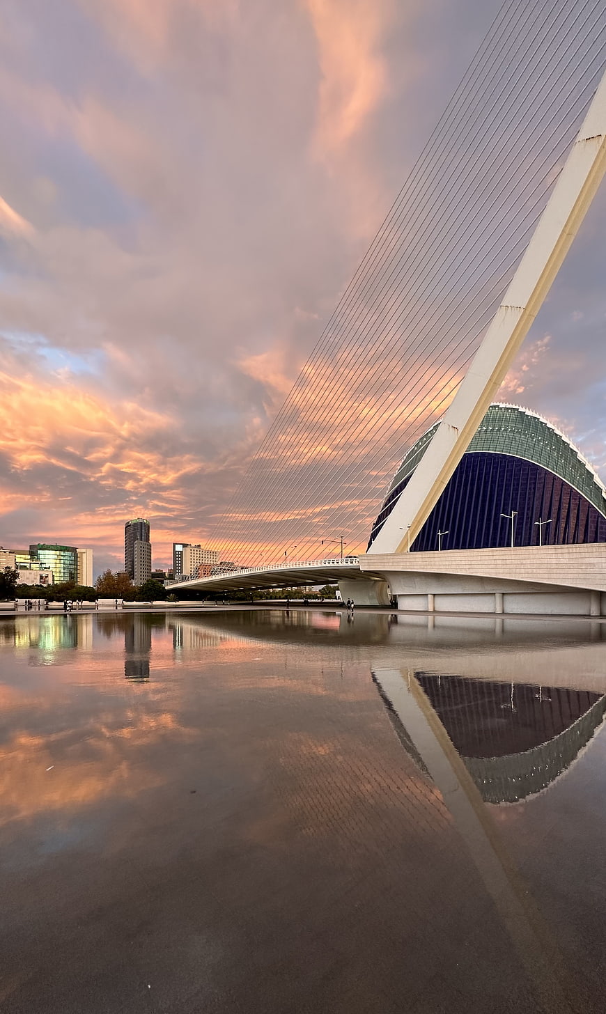 Modern cable-stayed bridge and glass building at sunset with reflection