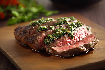 Sliced medium-rare steak with herb chimichurri sauce