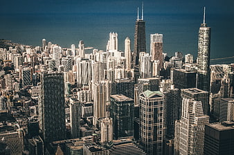 Aerial View of Chicago Skyline with Lake Michigan
