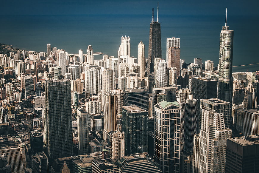 Aerial View of Chicago Skyline with Lake Michigan