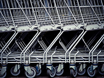 Row of Nested Metal Shopping Carts Close Up
