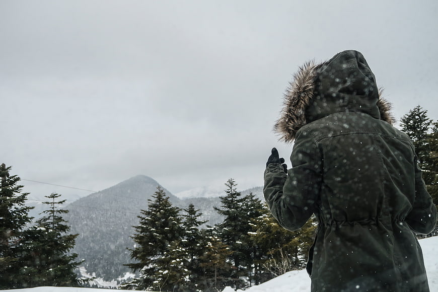 Person in Winter Parka Looking at Snowy Mountain Landscape