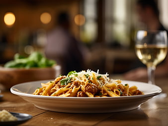 Penne pasta with meat sauce and parmesan in restaurant