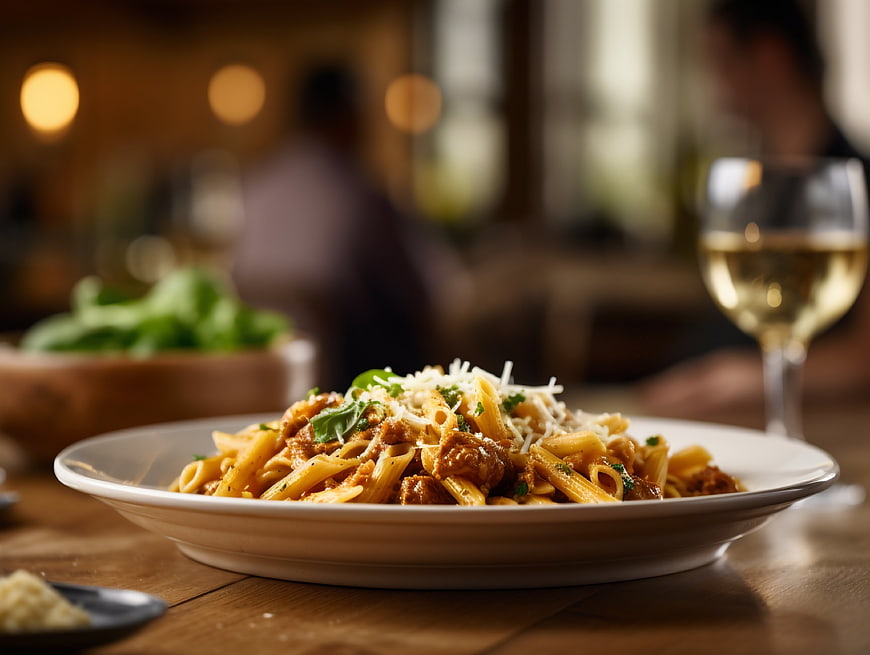 Penne pasta with meat sauce and parmesan in restaurant