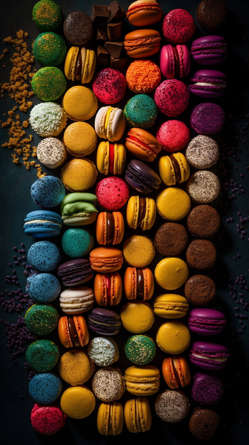 Colorful Macarons and Chocolate Dessert Flat Lay