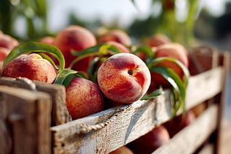 Fresh Peaches in Rustic Wooden Crate