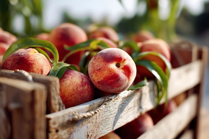 Fresh Peaches in Rustic Wooden Crate