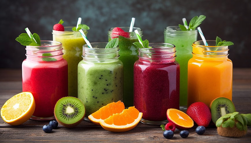 Colorful Fruit Smoothies in Glass Jars with Fresh Garnish