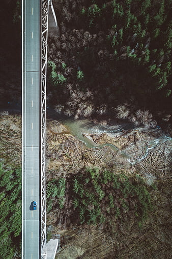 Aerial view of blue car driving on bridge over forest river