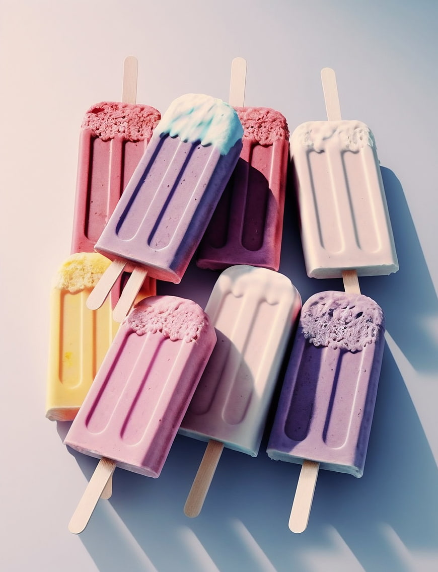 Colorful pastel popsicles arranged on a light background