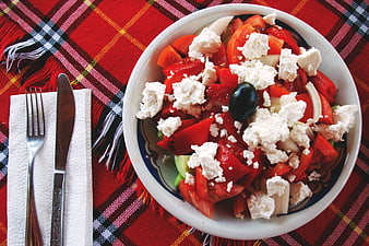 Greek Salad with Feta Cheese on Plaid Tablecloth