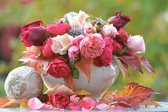 Autumn Rose Bouquet in White Vase with Fall Leaves