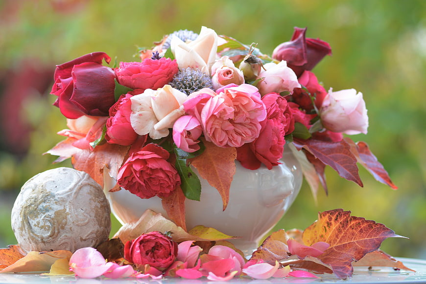 Autumn Rose Bouquet in White Vase with Fall Leaves
