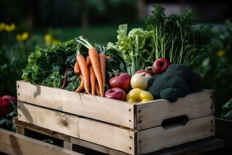 Fresh organic vegetables and fruits in a wooden crate