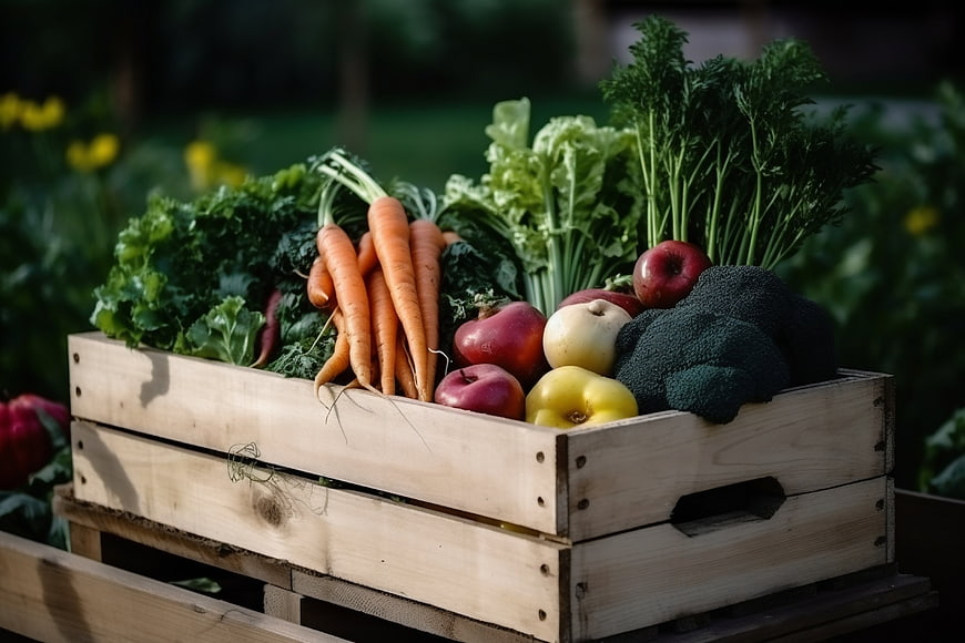 Fresh organic vegetables and fruits in a wooden crate