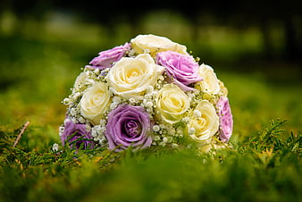 Purple and White Rose Wedding Bouquet on Green Grass
