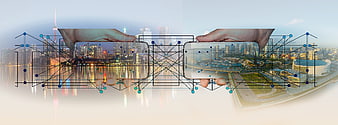 Smartphones displaying cityscape with digital network overlay