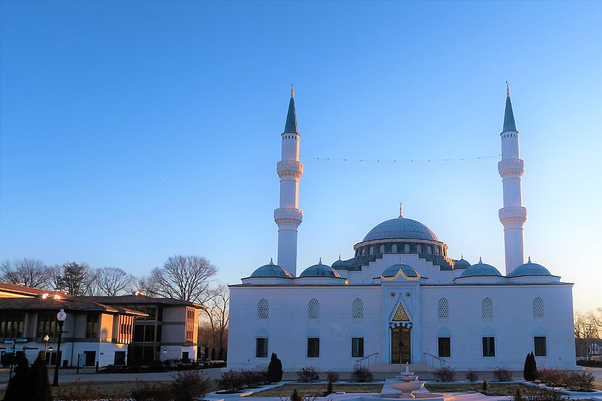 White Mosque with Minarets at Sunset