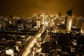 Aerial Night View of Jakarta Cityscape with Sepia Tone