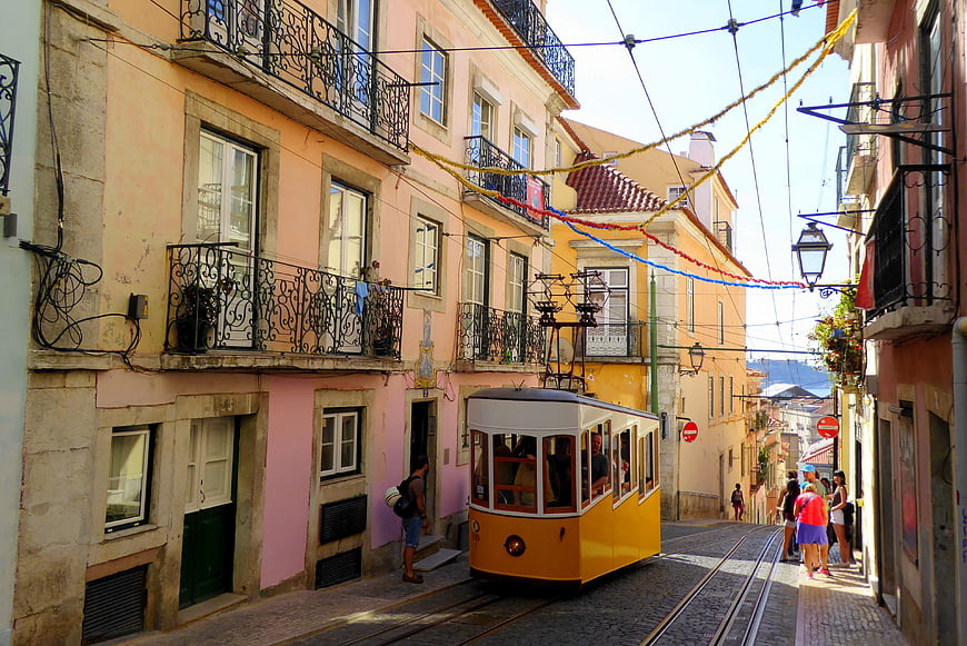 Yellow Tram on Colorful Lisbon Street