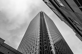 Low angle black and white skyscraper architecture