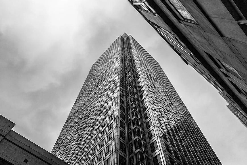 Low angle black and white skyscraper architecture